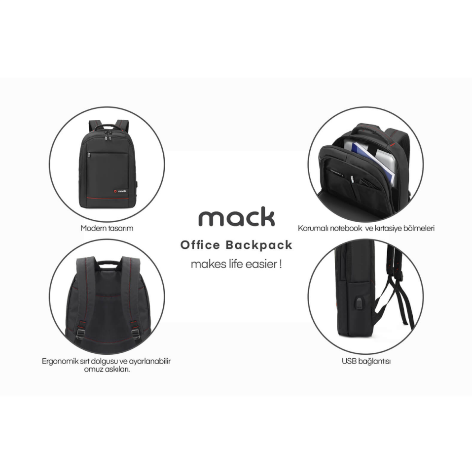 MACK MCC-006 15.6'' Office USB Girişli Notebook Sırt Çantası Siyah