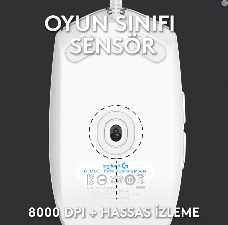 LOGITECH G G102 LIGHTSYNC RGB AYDINLATMALI 8.000 DPI KABLOLU OYUNCU MOUSE BEYAZ