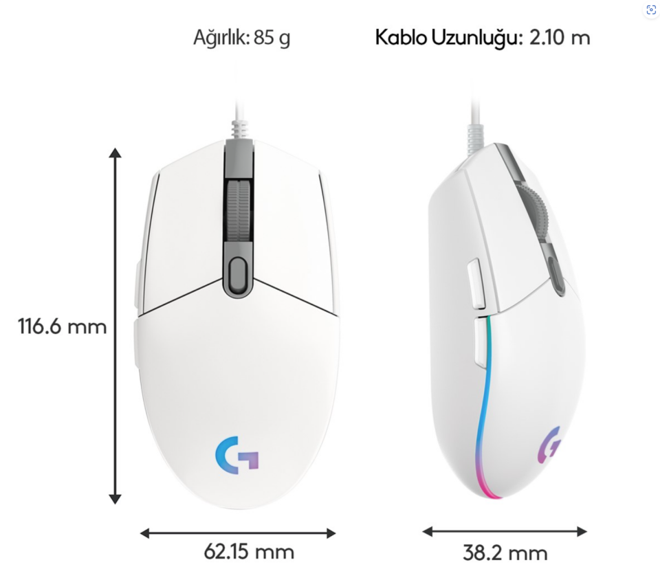 LOGITECH G G102 LIGHTSYNC RGB AYDINLATMALI 8.000 DPI KABLOLU OYUNCU MOUSE BEYAZ
