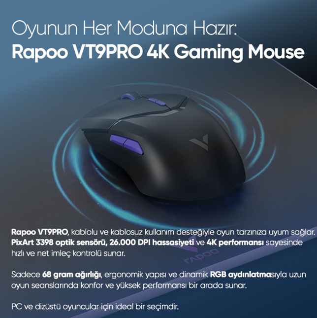 RAPOO 12584 VT9PRO 4K Wired/Wireless Gaming Mouse Black/Purple
